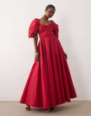 Lace & Beads Taffeta Puff Sleeve Sweetheart Neck Gown In Red