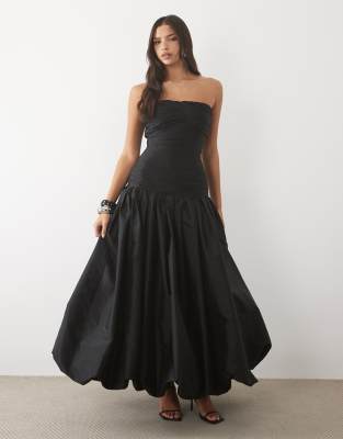 Lace & Beads Taffeta Strapless Drop Waist Bubble Hem Maxi Dress In Black