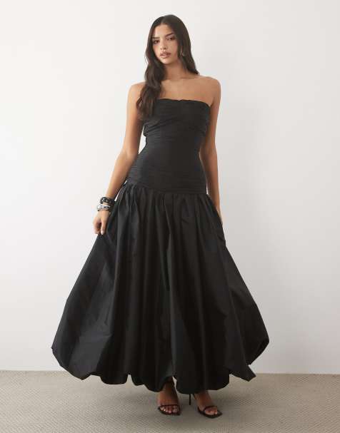 Lace & Beads taffeta strapless drop waist bubble hem maxi dress in black - view 1