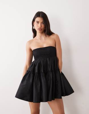 Lace & Beads Taffeta Strapless Tiered Skirt Mini Dress In Black
