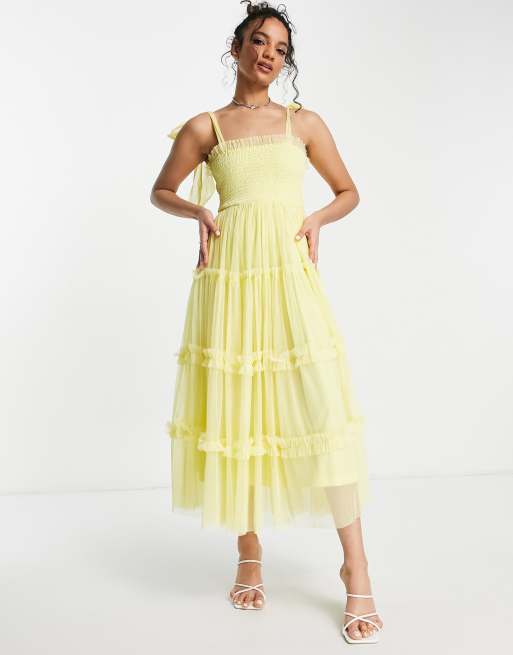 Lace & Beads tie shoulder tiered midi tulle dress in lemon | ASOS