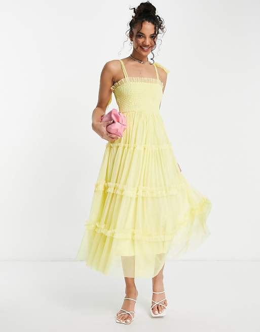 Lace & Beads tie shoulder tiered midi tulle dress in lemon Lace & Beads tie shoulder tiered midi tulle dress in lemon