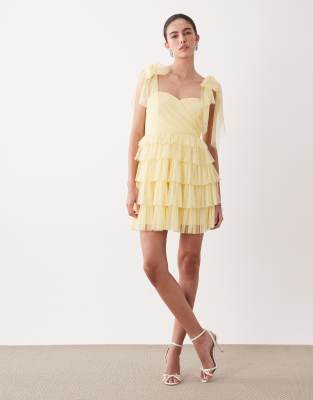 Lace & Beads Tie Sleeves Ruched Mini Dress In Yellow