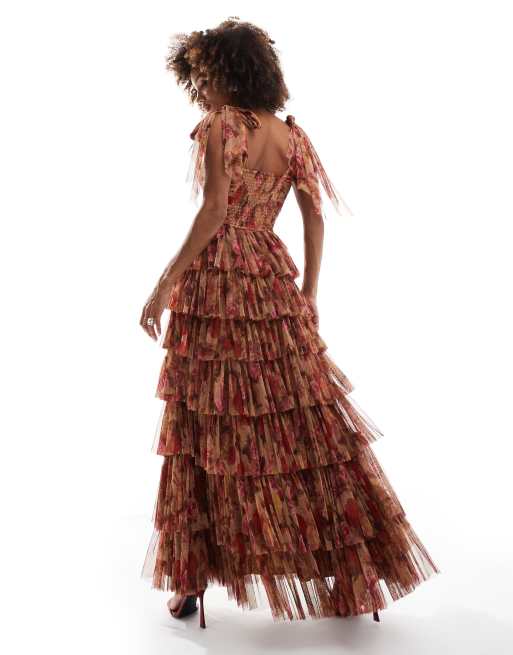 Lace & Beads tiered bow shoulder tulle maxi dress in rose floral