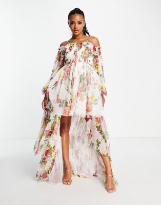 Lace & Beads tiered hem off shoulder maxi dress in off white floral  - ASOS Price Checker