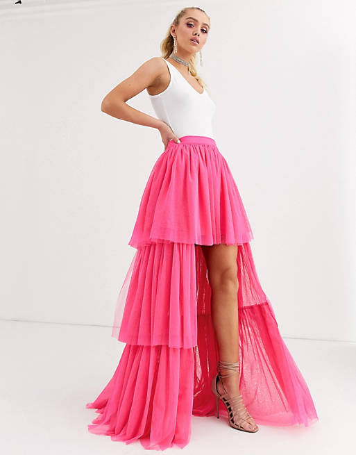 Lace & Beads tiered high low maxi skirt in neon pink