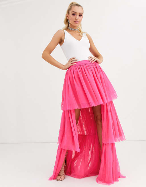 Lace Beads tiered high low maxi skirt in neon pink