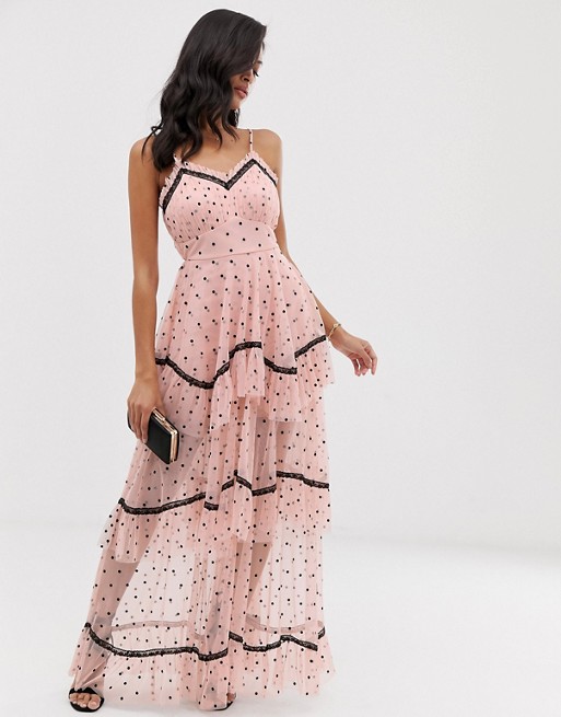 Lace & Beads tiered maxi dress in spot mesh with black contrast piping