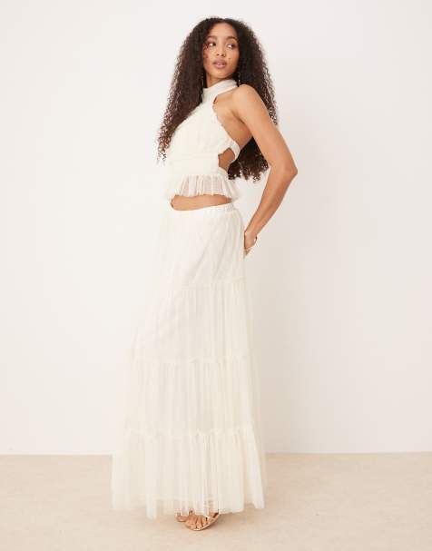 Lace & Beads tiered ruffle maxi skirt co-ord in ivory