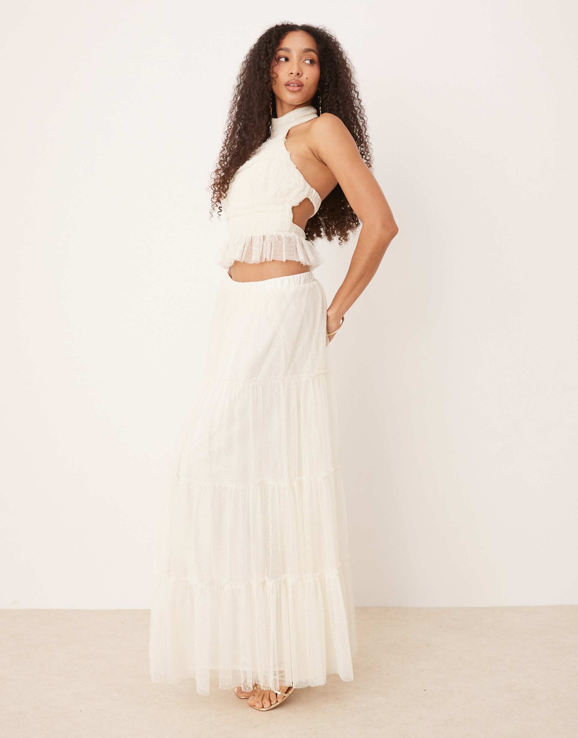 lace & beads tiered ruffle maxi skirt in ivory - part of a set