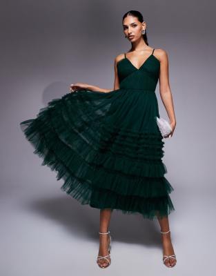 Lace & Beads Lace & Beads tiered ruffle midaxi dress in forest green