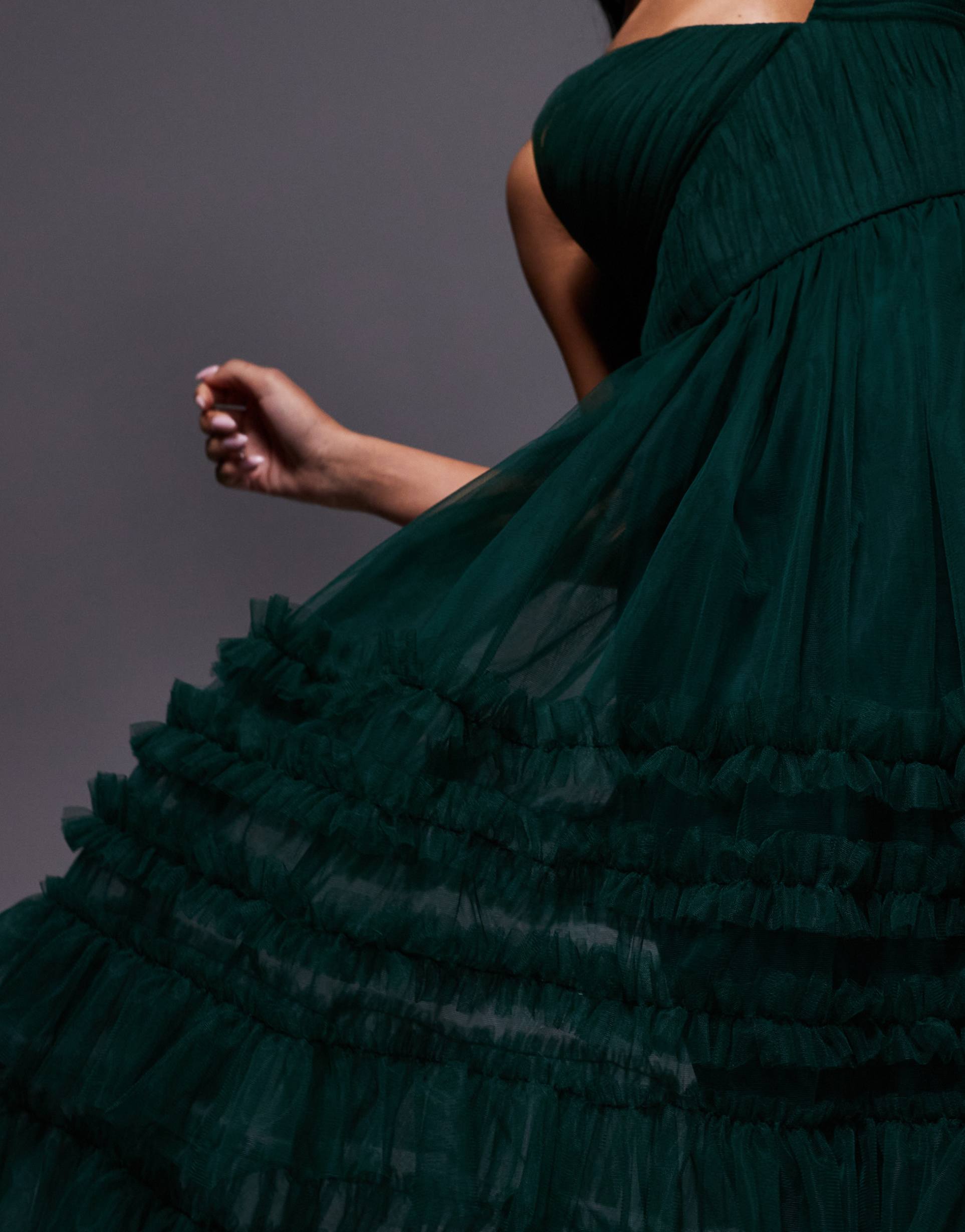 lace & beads tiered ruffle midaxi dress in forest green