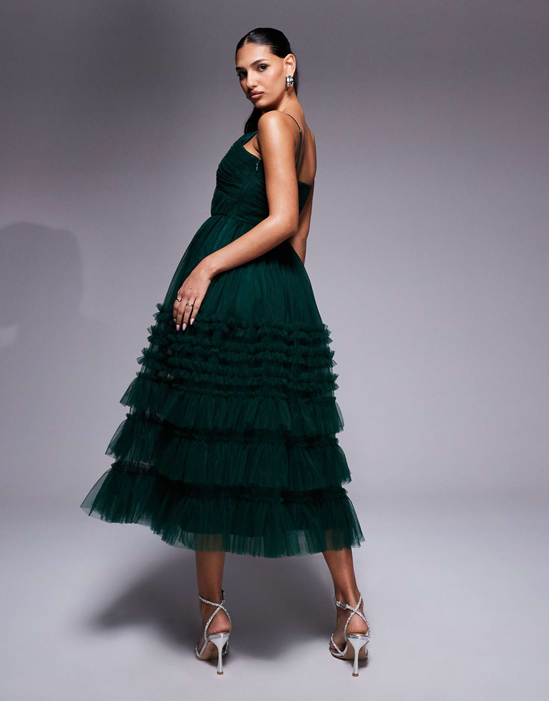 lace & beads tiered ruffle midaxi dress in forest green