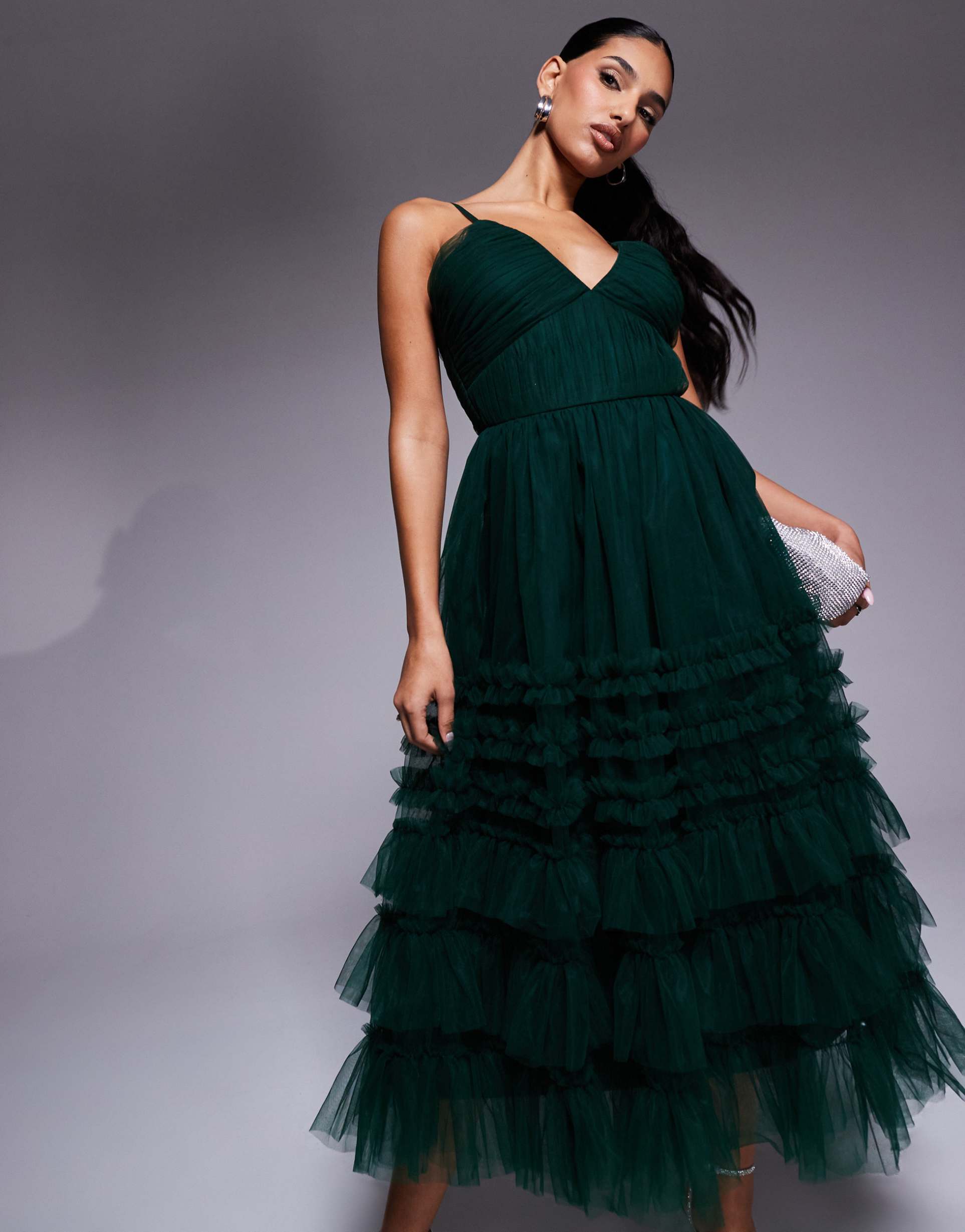 lace & beads tiered ruffle midaxi dress in forest green