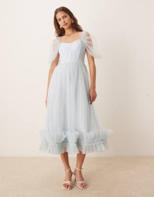 Lace & Beads tiered ruffle midaxi dress in sky blue - view 1