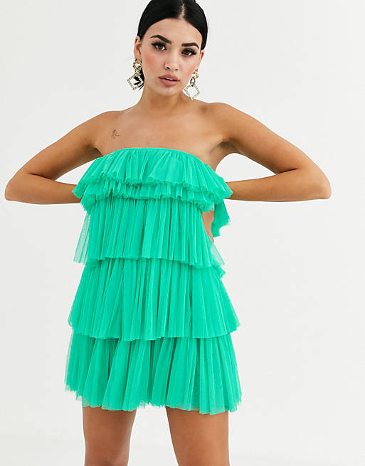 Lace & Beads tiered ruffle mini dress in green | ASOS