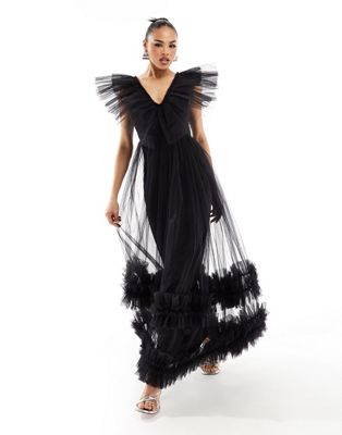 tiered ruffle tulle maxi dress in black