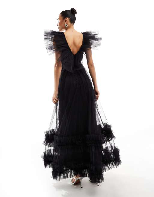 Lace & Beads tiered ruffle tulle maxi dress in black, 2 of 4