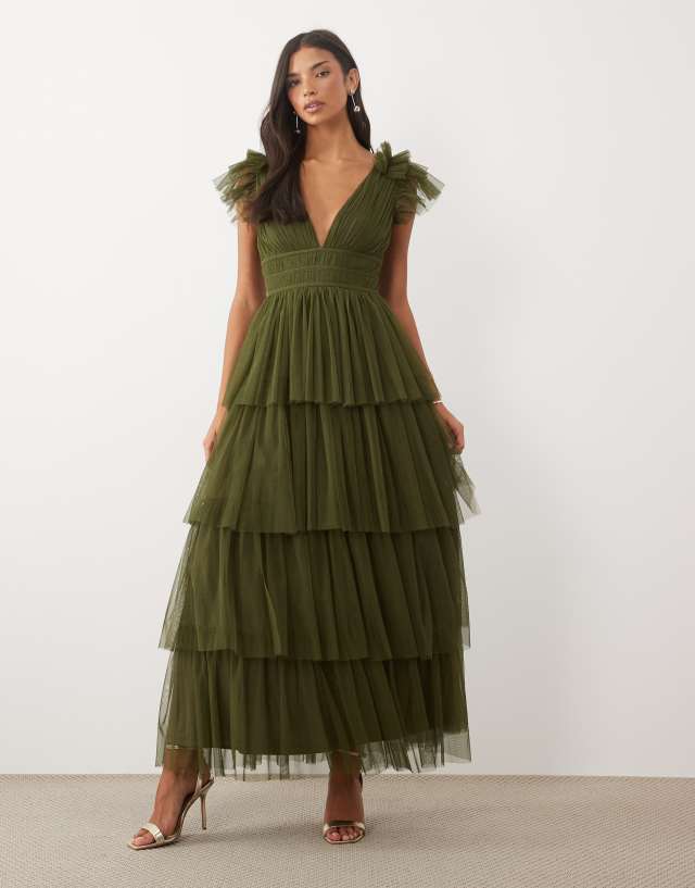 Lace & Beads tiered ruffles tulle maxi dress in dark olive | ASOS