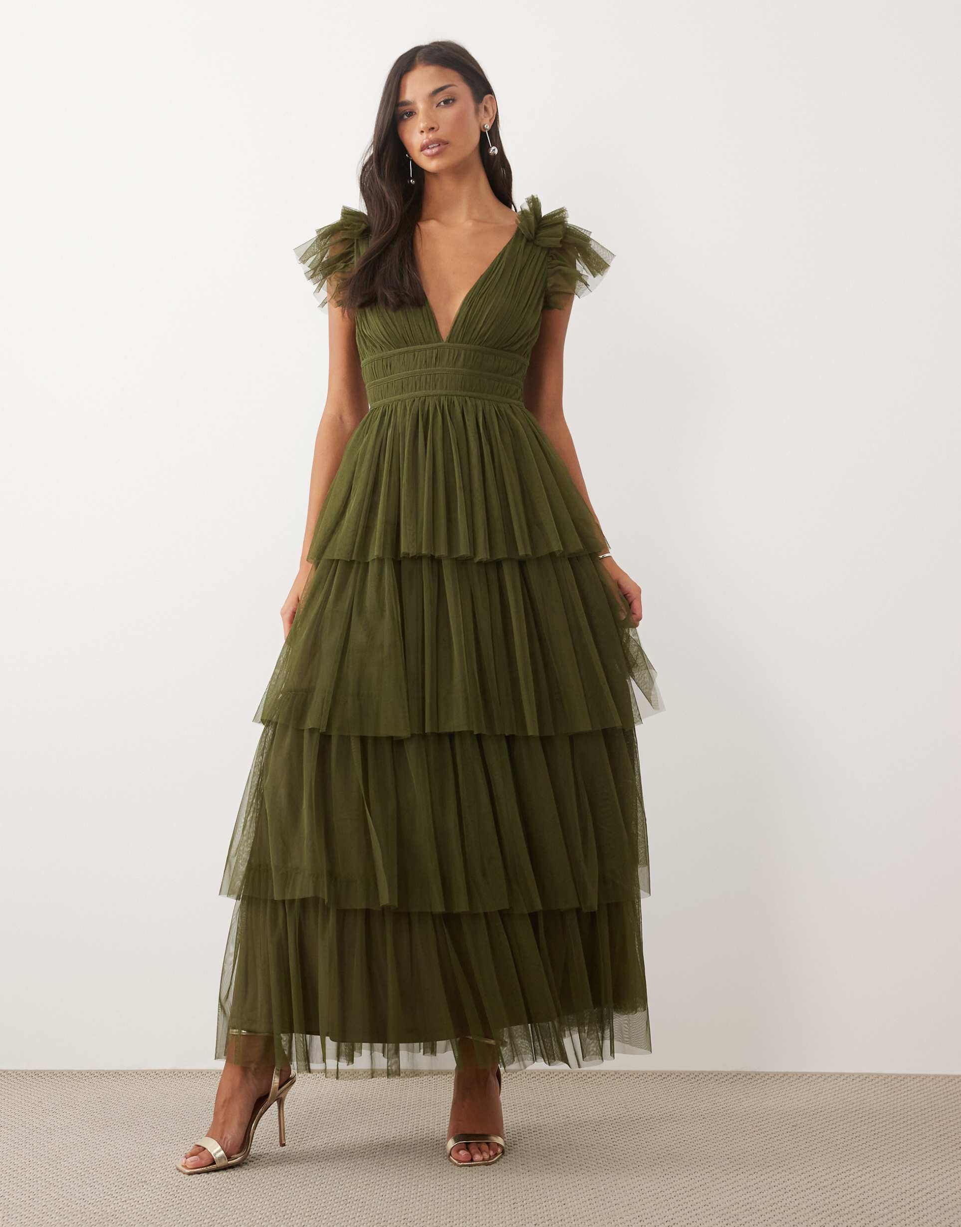 lace & beads tiered ruffles tulle maxi dress in deep olive