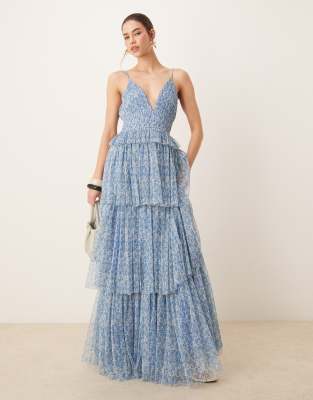 Lace & Beads Tiered Shirred Cotton Maxi Dress In Blue