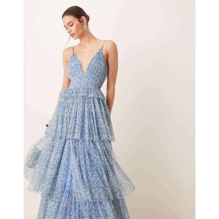 Lace & Beads tiered shirred maxi dress in blue floral | ASOS