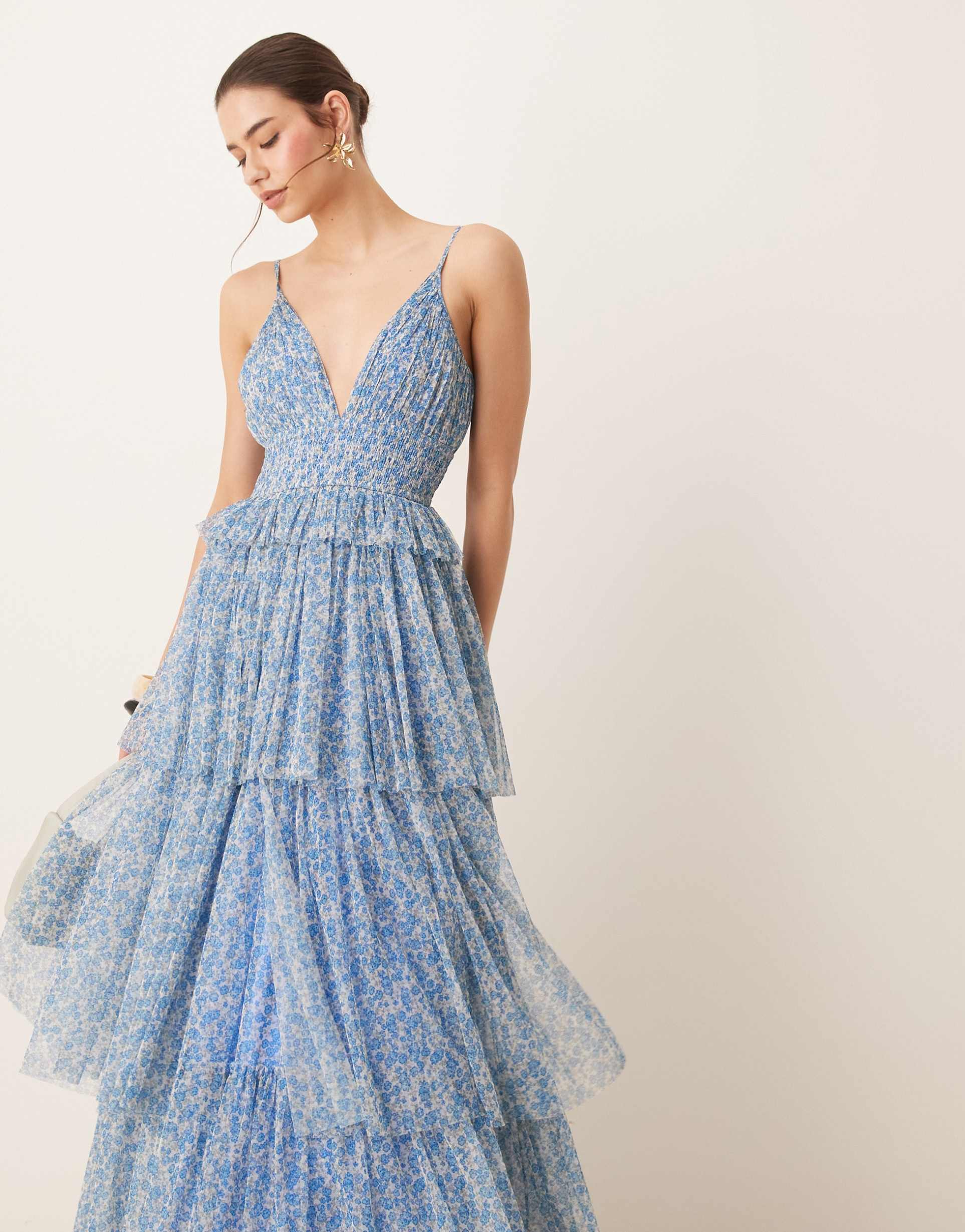 lace & beads tiered shirred maxi dress in blue floral