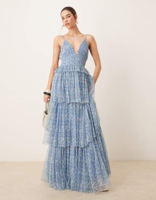 Lace & Beads tiered shirred maxi dress in blue floral