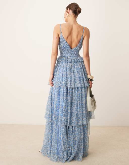 Lace & Beads tiered shirred maxi dress in blue floral