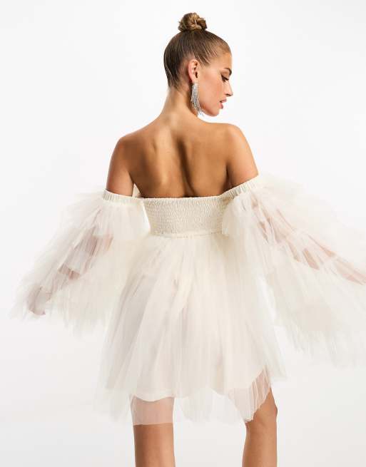 Off Shoulder Tulle Skirt Mini Dress in Ivory  Corset mini dress, Mini dress,  Pleated tulle skirt