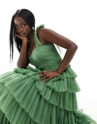 tiered tie shoulder tulle maxi dress in olive-Green