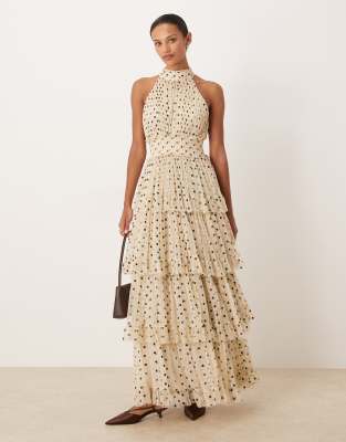 Lace & Beads Tiered Tulle High Neck Maxi Dress In White