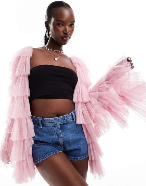 Lace Beads tiered tulle jacket in pink ASOS