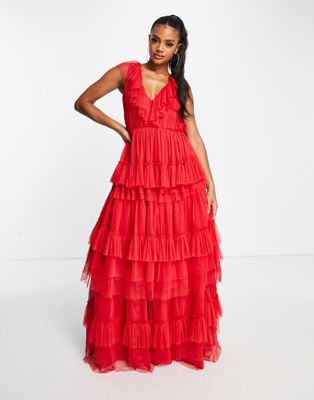 Lace & Beads tiered tulle maxi dress in red