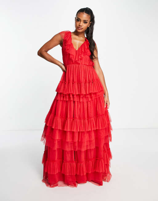 Red tiered maxi store dress