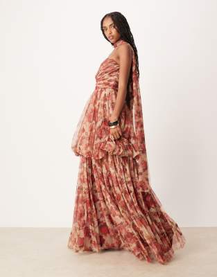 Lace & Beads Tiered Tulle Maxi Gown With Scarf In Red