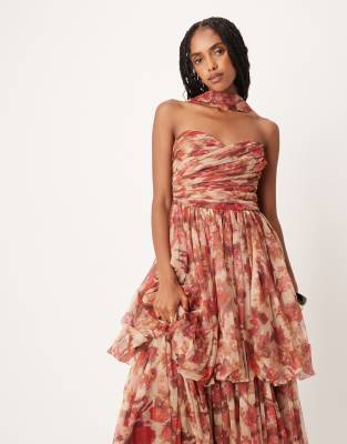 Lace & Beads Tiered Tulle Maxi Gown With Scarf In Red