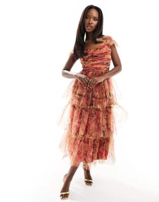 Lace & Beads Tiered Tulle Midi Dress In Abstract Print-multi