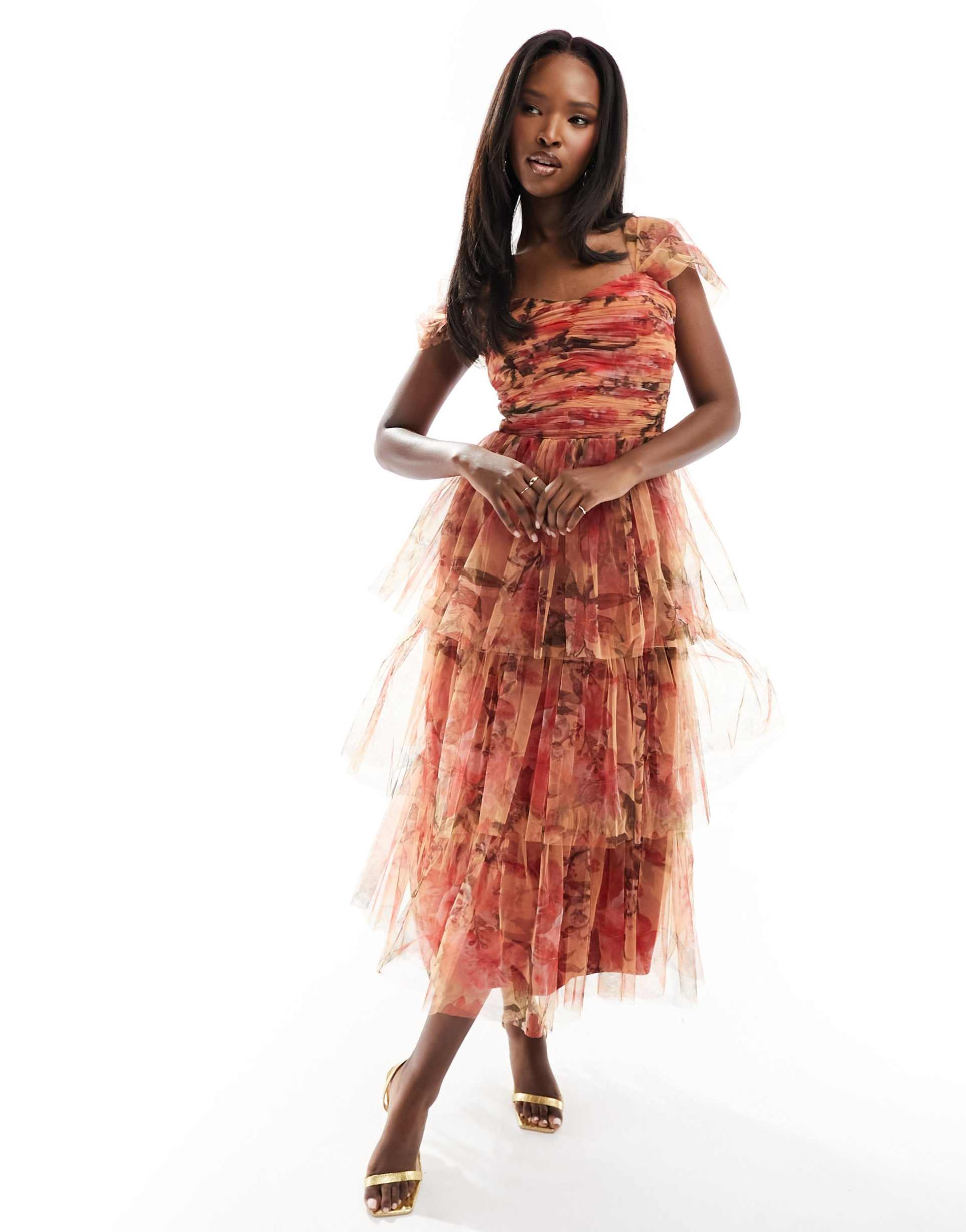 lace & beads tiered tulle midi dress in abstract print