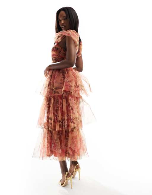 Lace & Beads tiered tulle midi dress in abstract print | ASOS