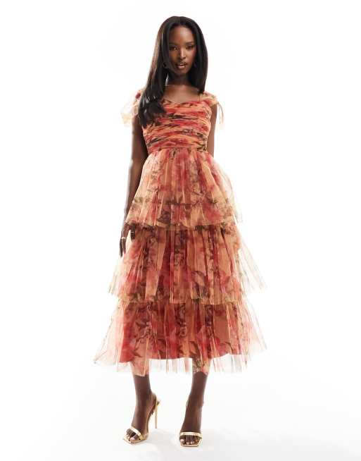 Lace & Beads tiered tulle midi dress in abstract print | ASOS