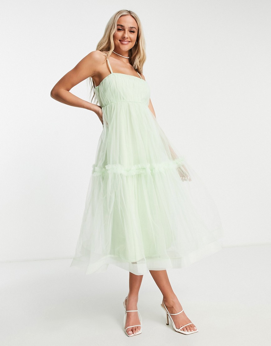 Lace & Beads tiered tulle midi dress in pastel green