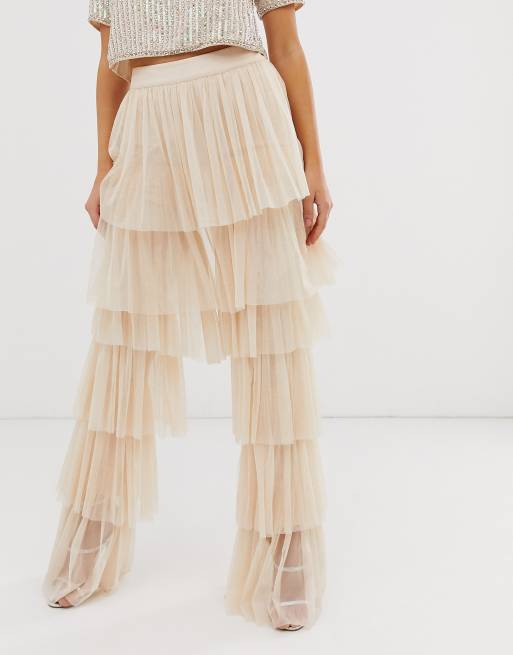 Lace & Beads tiered tulle palazzo trousers in pale pink