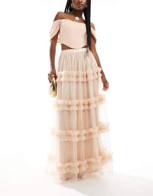 tiered tulle ruffle maxi skirt in cream-White