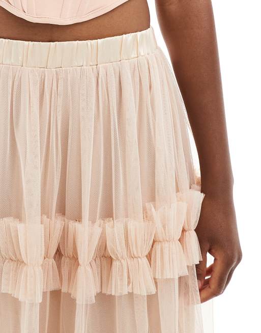 Lace Beads tiered tulle ruffle maxi skirt in cream