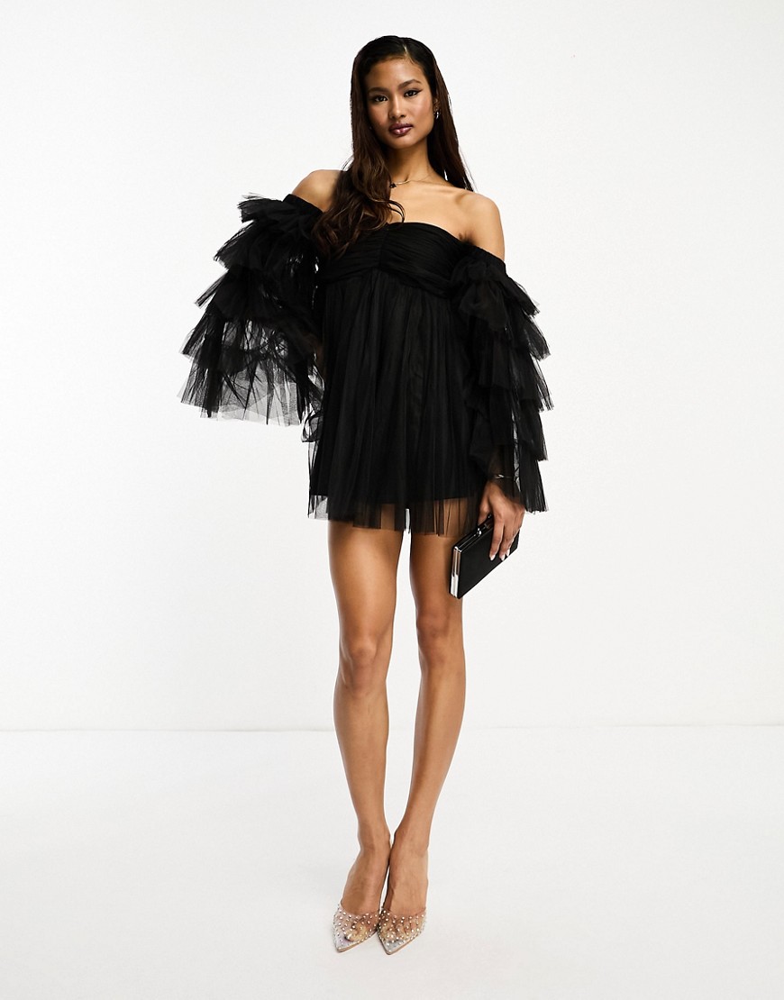 Lace & Beads Tiered Tulle Sleeve Mini Dress In Black