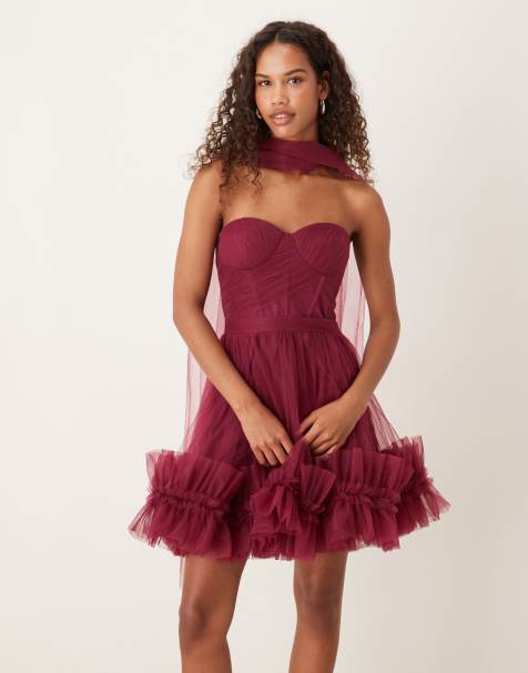 Lace & Beads scarf neck corset tulle mini dress in fig