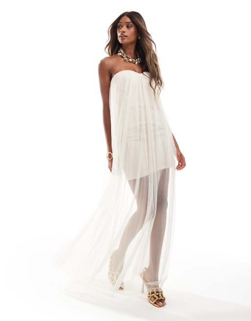 Lace & Beads – Tiulowa sukienka maxi w kolorze ecru z dekoltem bandeau