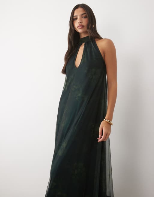 Lace & Beads tule choker trapeze maxijurk in donkergroen met bloemenprint, 2 van 4