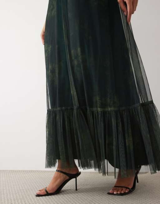 Lace & Beads tule choker trapeze maxijurk in donkergroen met bloemenprint, 3 van 4